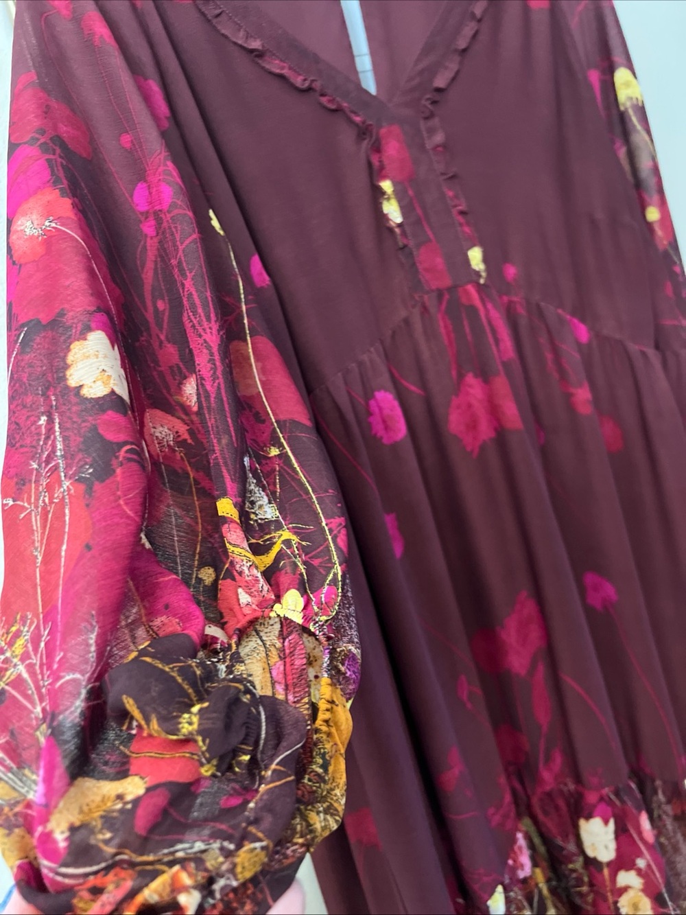 Arna York Dress Women 16 Burgundy Floral Lined Date Church Peasant Hippie tiered - Picture 14 of 14